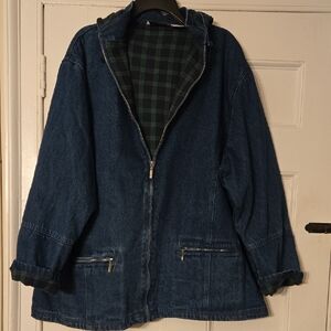 NorthStyle Dark Blue Denim Hooded Jean Jacket with Green Plaid Lining
